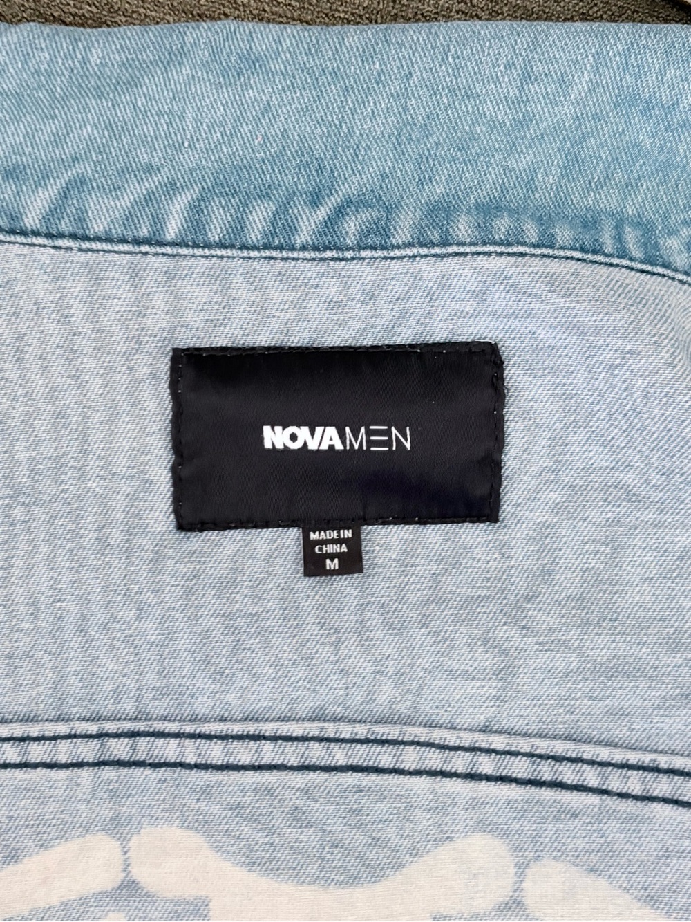 Fashion Nova Light Blue Denim Jacket with White Skeleton Print - Picture 3 of 3